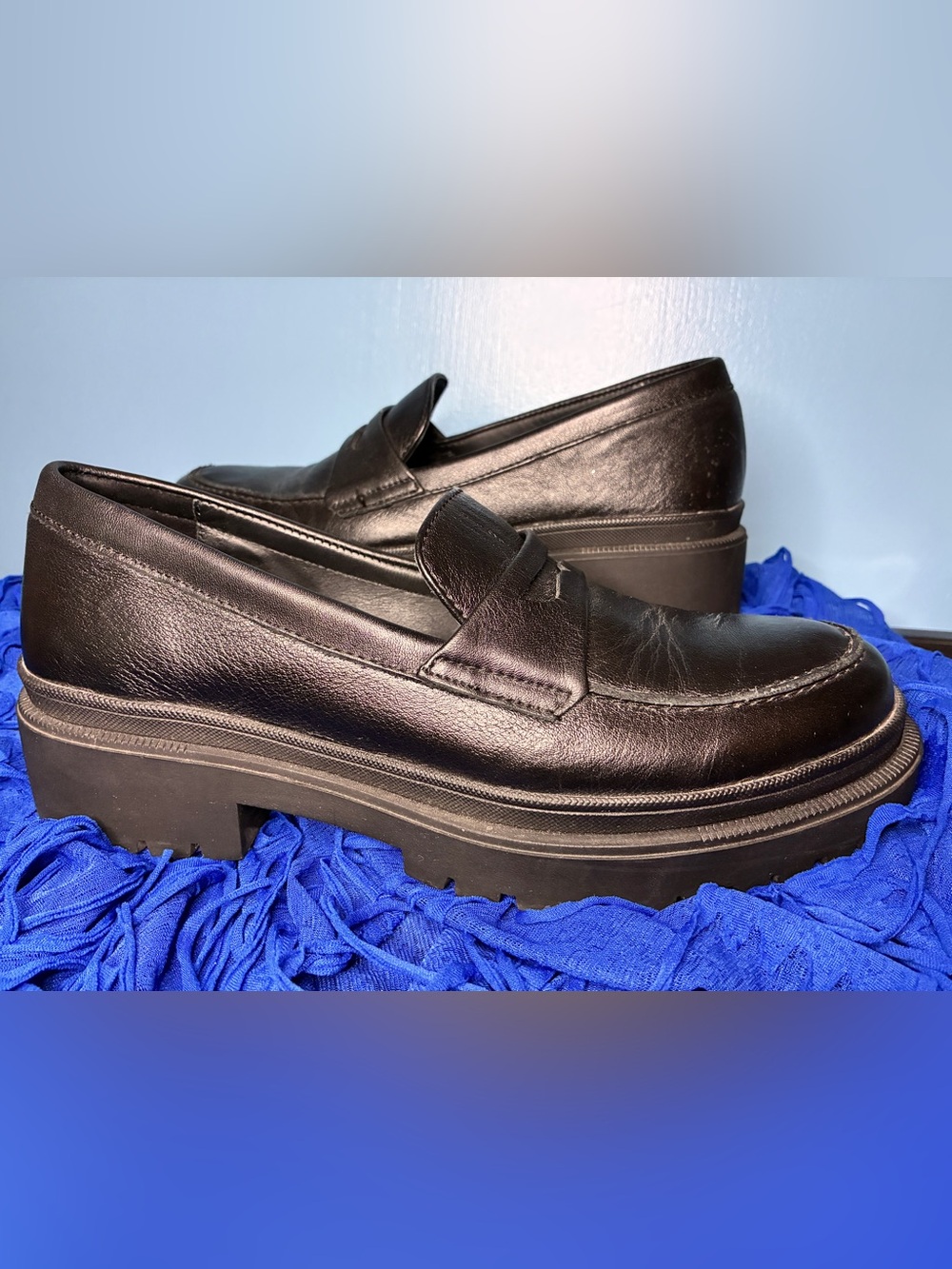 Patina Portland Leather Chunky Black Platform Penny Loafers